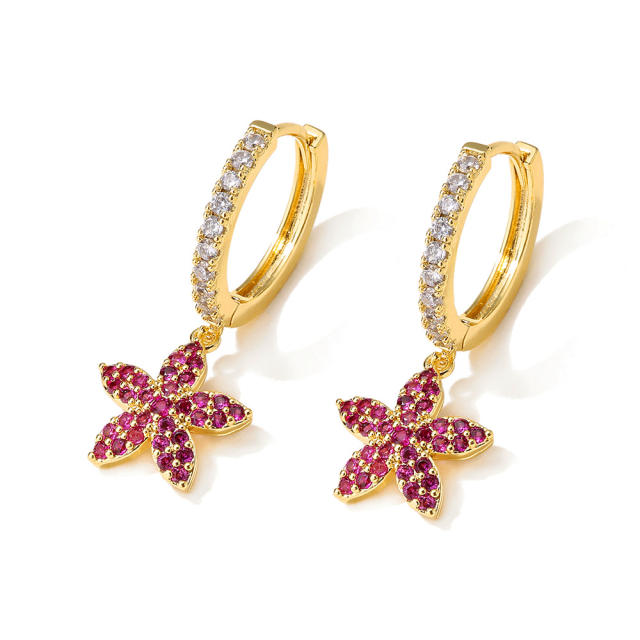 Delicate red cubic zircon flower charm copper huggie earrings