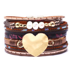 Boho alloy heart pearl beads pu leather magnetic buckle bangle