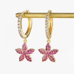 Delicate red cubic zircon flower charm copper huggie earrings