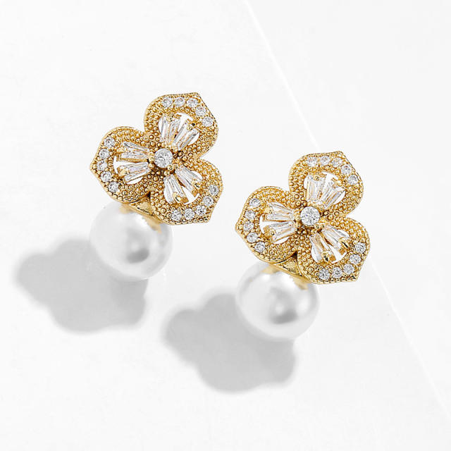 Sweet cubic zircon petal flower pearl studs earrings