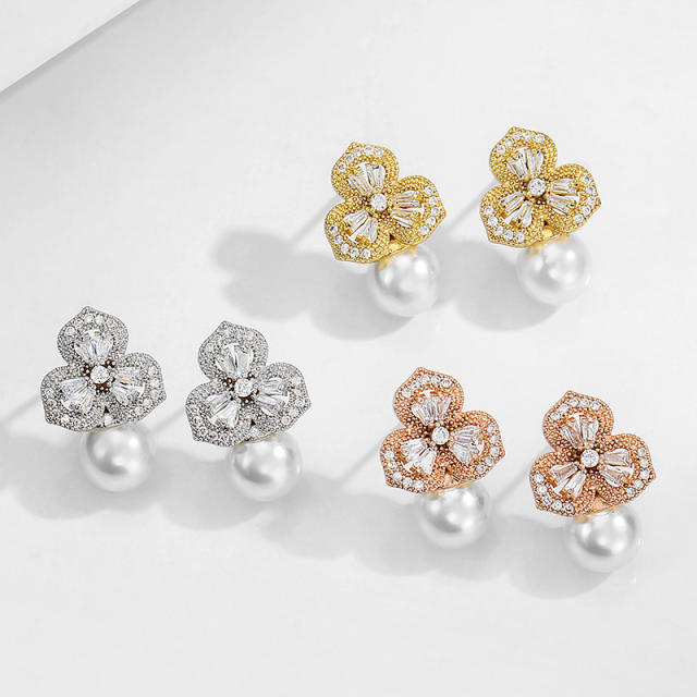 Sweet cubic zircon petal flower pearl studs earrings