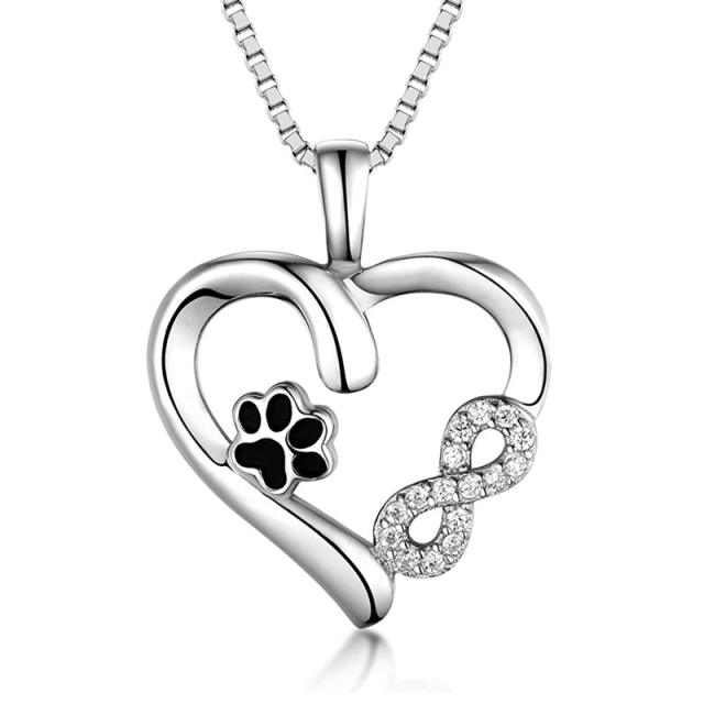 Sterling silver pet paw diamond infinity love pendant necklace