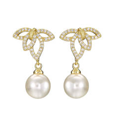 Creative hollow leaf cubic zircon pearl copper earrings