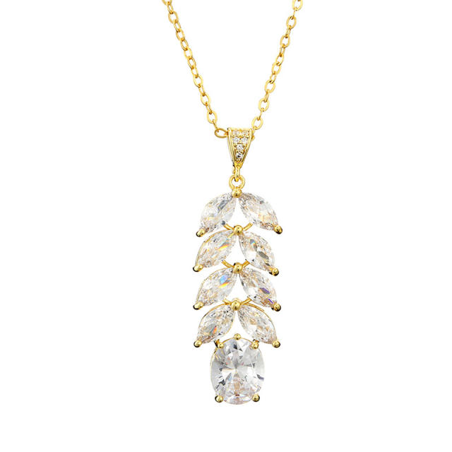 AAA cubic zircon leaf pendant copper necklace