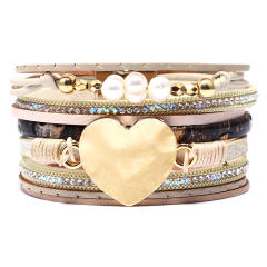 Boho alloy heart pearl beads pu leather magnetic buckle bangle