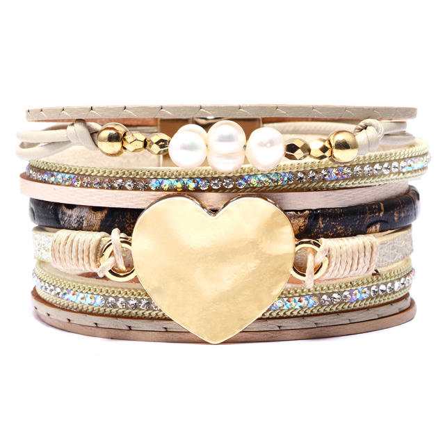 Boho alloy heart pearl beads pu leather magnetic buckle bangle