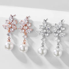 Delicate cubic zircon flower pearl drop earrings