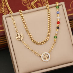 Boho life tree heart star cross charm two layer stainless steel necklace
