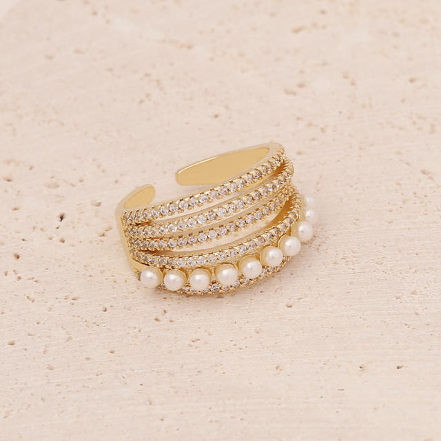 INS pearl beads cubic zircon copper adjustable rings