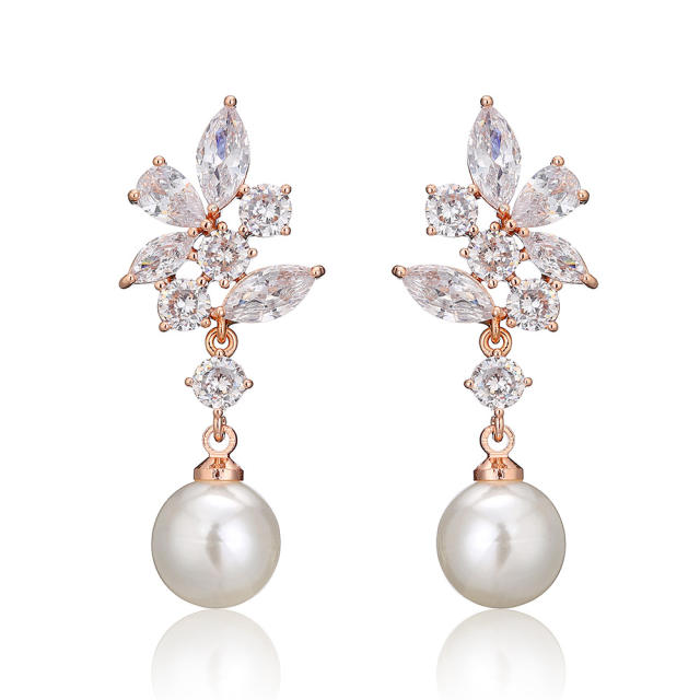 Delicate cubic zircon flower pearl drop earrings