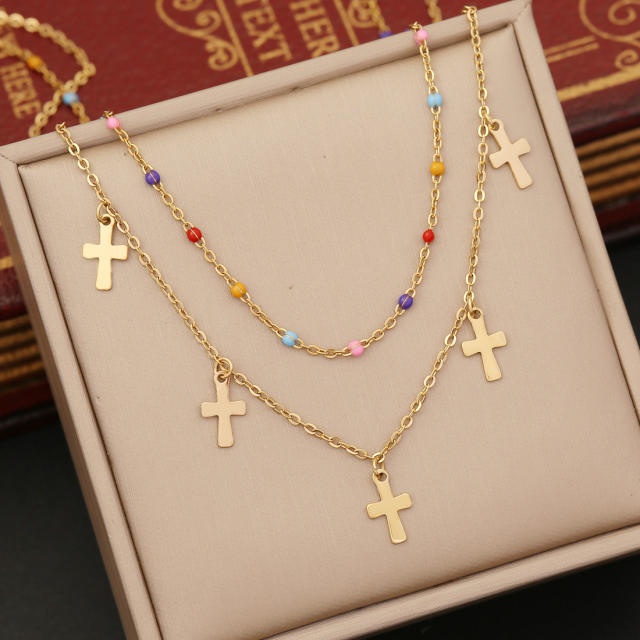 Boho life tree heart star cross charm two layer stainless steel necklace