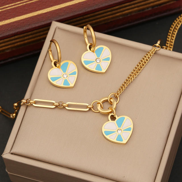 Popular enamel heart charm stainless steel jewelry set