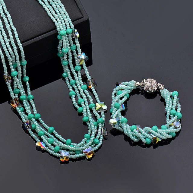Boho colorful crystal beads layer Magnetic buckle choker necklace bracelet set