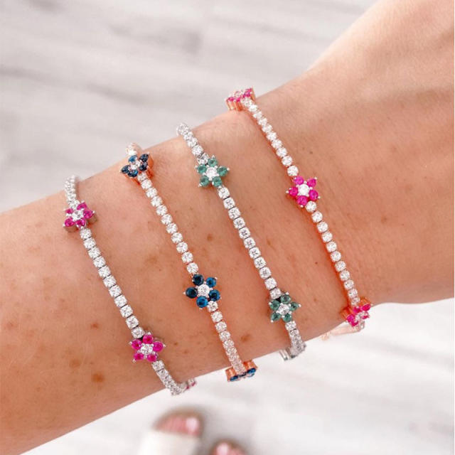 Delicate color cubic zircon flower copper tennis bracelet