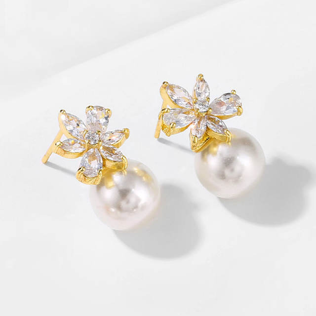 Classic cubic zircon flower pearl earrings