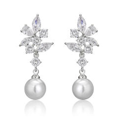 Delicate cubic zircon flower pearl drop earrings