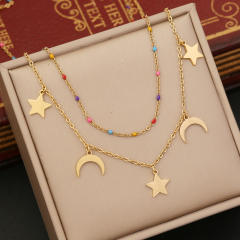 Boho life tree heart star cross charm two layer stainless steel necklace