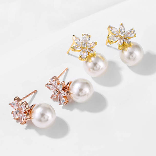 Classic cubic zircon flower pearl earrings
