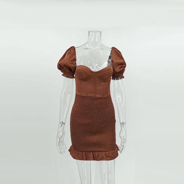 Sweet square neck plain color corset dress