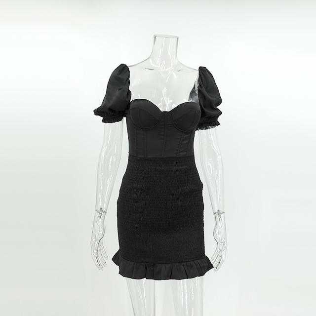 Sweet square neck plain color corset dress