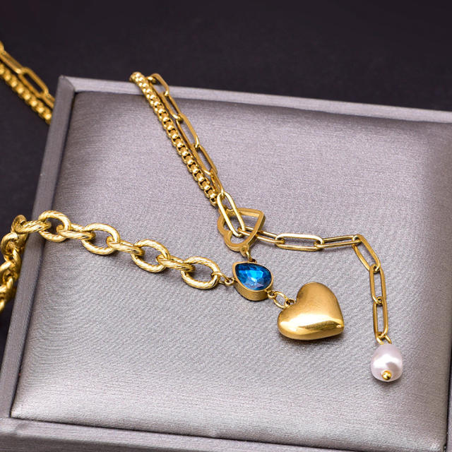 Blue drop cubic zircon heart charm stainless steel necklace