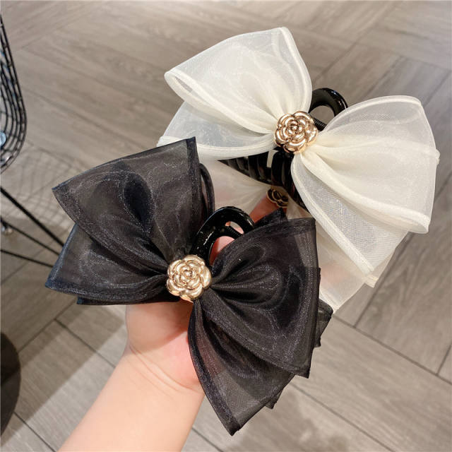 Large size plain color organza bow hair claw clips