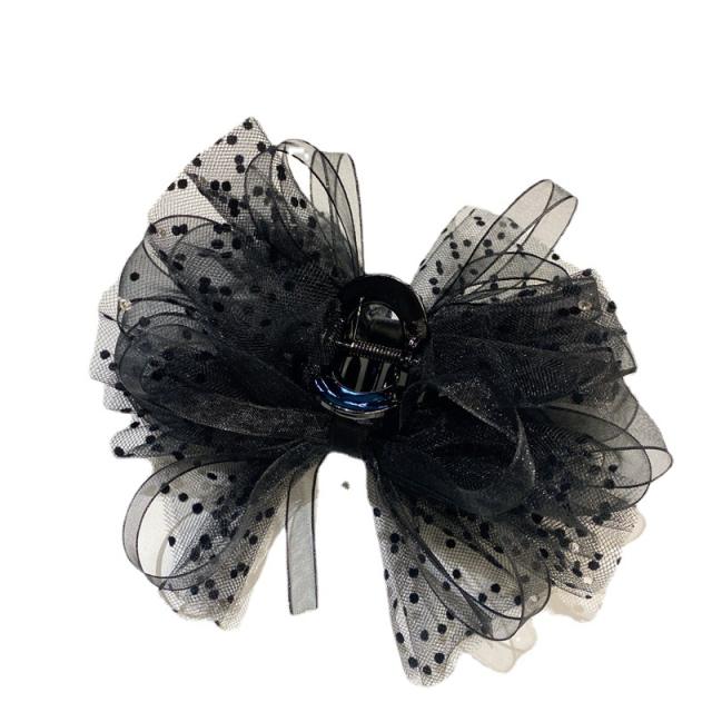 Black polka dots mesh bow large size hair claw clips