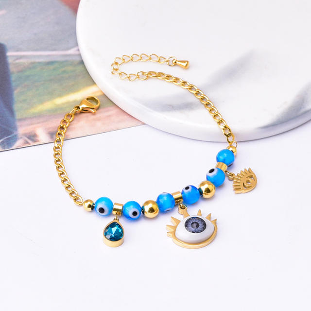 Blue beads evil eye charm stainless steel bracelet