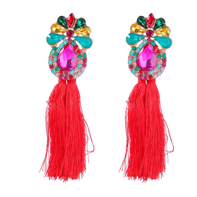 Boho colorful rope tassel glass crystal statement earrings