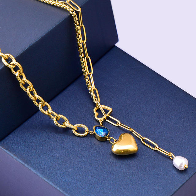 Blue drop cubic zircon heart charm stainless steel necklace