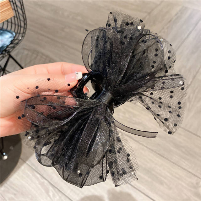 Black polka dots mesh bow large size hair claw clips