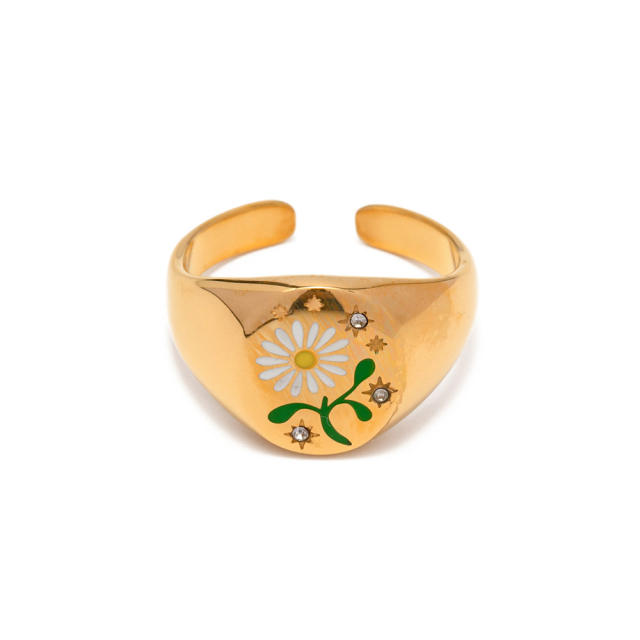 Ins enamel daisy flower stainless steel signet rings