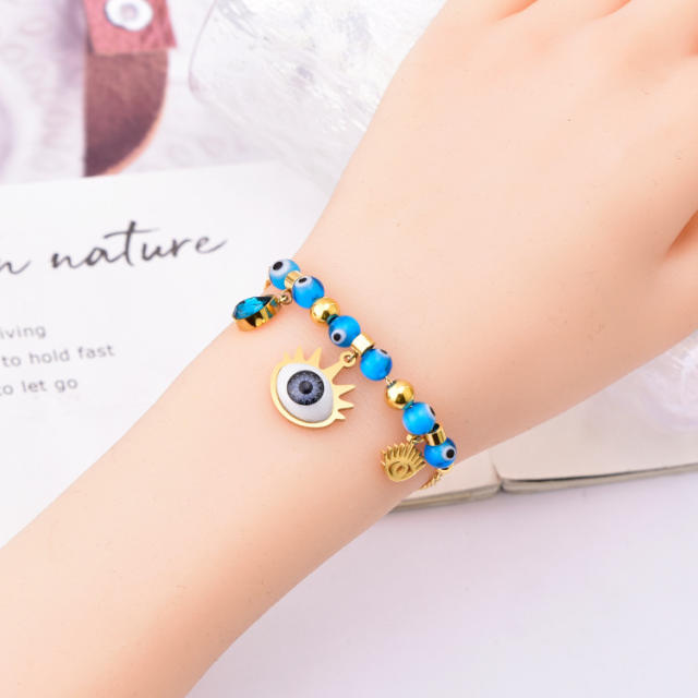 Blue beads evil eye charm stainless steel bracelet