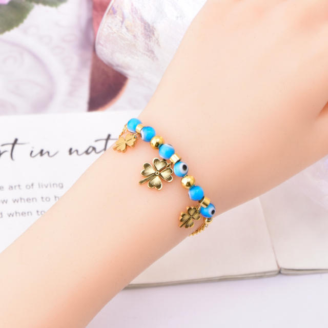 Blue beads evil eye charm stainless steel bracelet