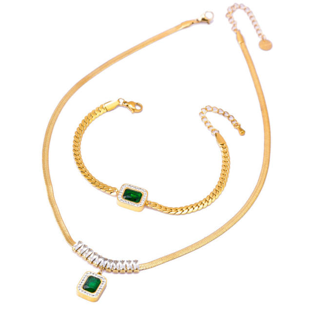 Classic emerald square charm stainless steel necklace set
