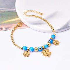 Blue beads evil eye charm stainless steel bracelet