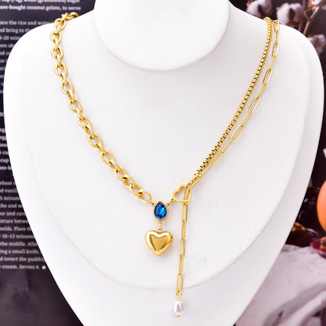 Blue drop cubic zircon heart charm stainless steel necklace