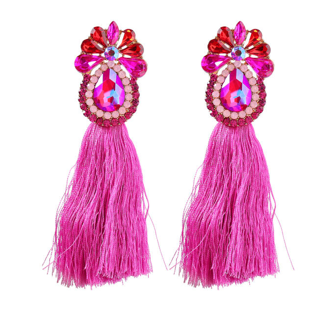 Boho colorful rope tassel glass crystal statement earrings