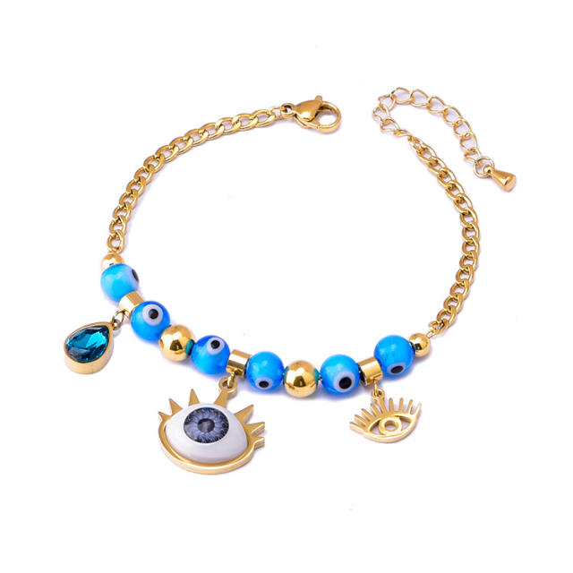 Blue beads evil eye charm stainless steel bracelet