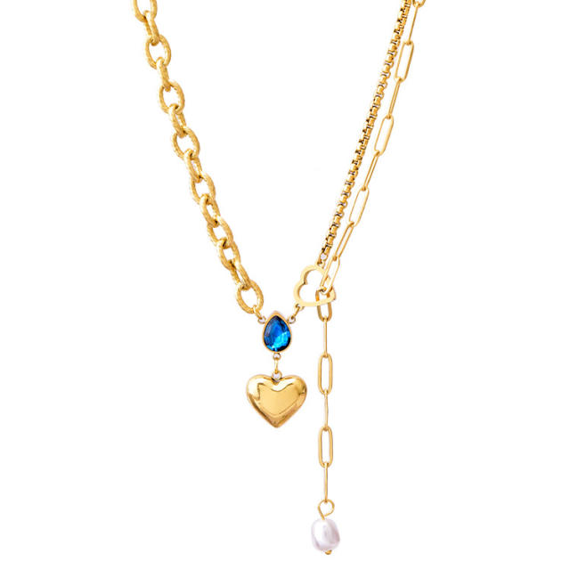 Blue drop cubic zircon heart charm stainless steel necklace