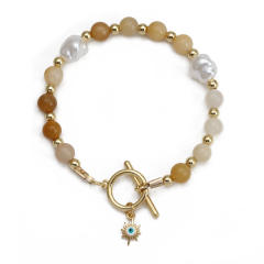 Boho natural stone pearl bead toggle evil eye bracelet