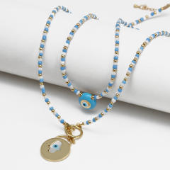 Boho blue color seed bead evil eye necklace