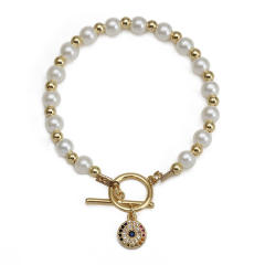 Boho natural stone pearl bead toggle evil eye bracelet