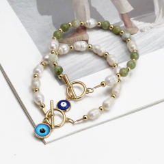 Boho natural stone pearl beads toggle evil eye bracelet