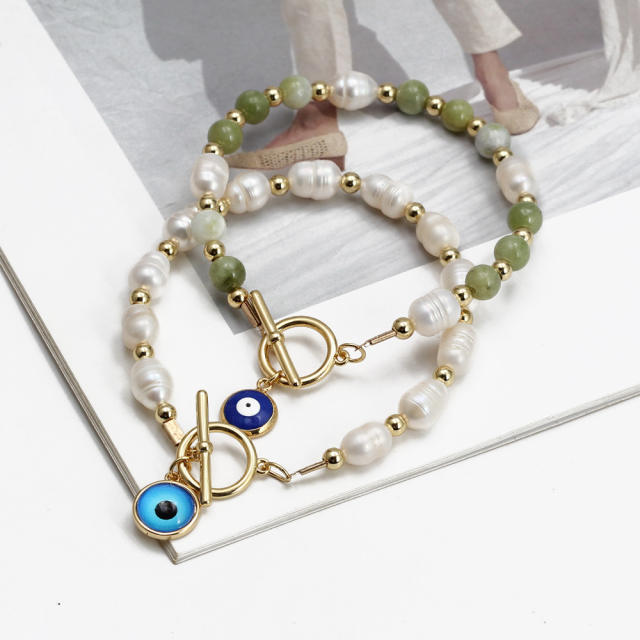 Boho natural stone pearl beads toggle evil eye bracelet