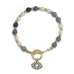 Boho natural stone pearl bead toggle evil eye bracelet
