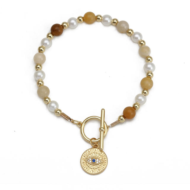 Boho natural stone pearl bead toggle evil eye bracelet