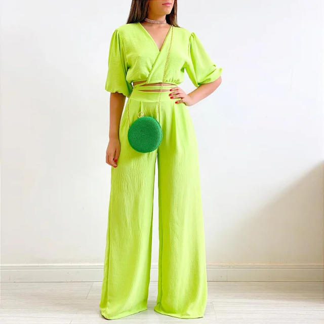 Summer design plain color V neck crop tops pants set