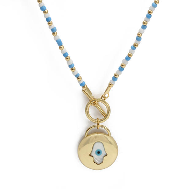 Boho blue color seed bead evil eye necklace