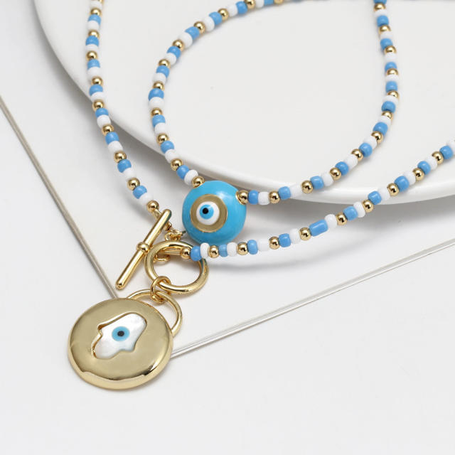 Boho blue color seed bead evil eye necklace